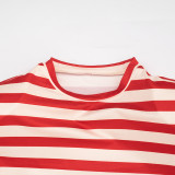 Fall Women's Striped Padded Shoulder Long Sleeve Slim Waist Slim Fit Cropped Top