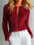Fall Winter Women's Long Sleeve Faux Fur Zip-Up Cropped Jacket