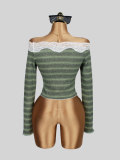 Fall Winter Women's Off Shoulder Lace Trim Striped Waffle Knit Slim Fit Cropped Basic Top