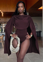 Spring Women's Solid Color Cowl Neck High Waist Bodysuit with Flowing Sash