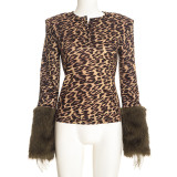 Fall Winter Women's Leopard Print Button Detail Patchwork Faux Fur Long Sleeve Slim Fit Top