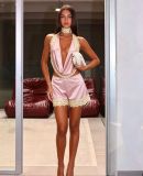 Women's Sexy Lace Trim Colorblock Cowl Neck Deep V Halter Neck Low Back Loose Casual Shorts Two-Piece Holiday Set