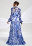 Women's Elegant Blue Tie-Dye Chiffon Long Sleeve Stand Collar Slim Waist Dress