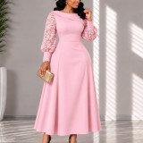 Plus Size Women's Lace Patchwork Long Sleeve Turn-Down Collar Slim Waist A-Line Midi Dress