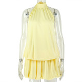 Women's Chic Halter Neck Low Back Solid Color Ruffle A-Line Mini Dress