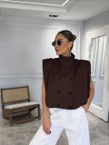 Spring Fall Women's Chic Sleeveless Stand Collar Pleated Double-Breasted Jacket Vest