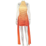 Women's Chic Gradient Color Ruched Round Neck Lace-Up Slim Waist Party Dress
