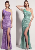 Sequin Beaded Floral One Shoulder Tassel Chain High Slit Mermaid Evening Gown