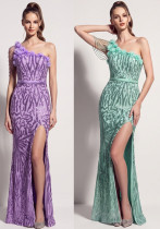 Sequin Beaded Floral One Shoulder Tassel Chain High Slit Mermaid Evening Gown