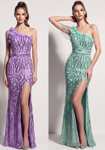 Sequin Beaded Floral One Shoulder Tassel Chain High Slit Mermaid Evening Gown