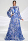 Women's Elegant Blue Tie-Dye Chiffon Long Sleeve Stand Collar Slim Waist Dress