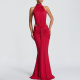 Fall Women's Chic Elegant Halter Neck Open Waist Bodycon Formal Party Maxi Dress