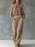 Women's Chic Off Shoulder Cropped Top Straight Leg Pants Holiday Two-Piece Set