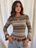 Fall Winter Women's Multicolor Striped Round Neck Slim Fit Cropped Flared Long Sleeve Basic Top