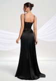 Women's Sexy Strap Sheer Mesh Patchwork Satin Slit Evening Gown