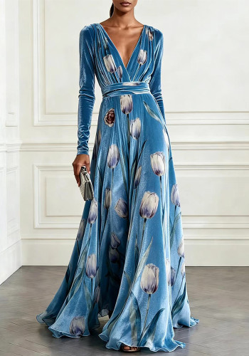 Women's Chic V Neck Printed Velvet Long Sleeve Slim Waist Evening Maxi Dress