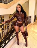Women's Button Detail Leather Jacket and Stretch Shorts Set