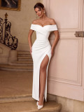 Women French Off Shoulder Strapless Ruched Slit Dress