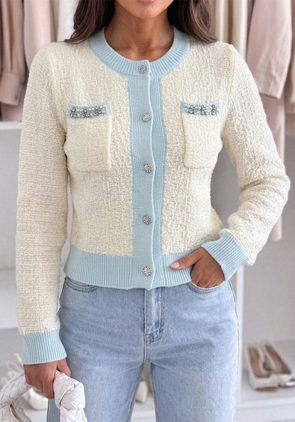 Women Color Block Knitting Round Neck Top
