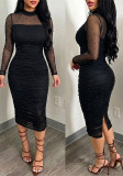 Women Solid Beaded Mesh Patchwork Dress