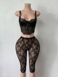 Women Sexy Spaghetti Strap Lace Cutout Mesh Top & Capri Pants Two Piece Set