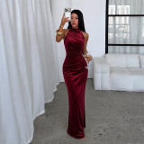 Women Halter Neck Gold Velvet Ruched Mermaid Formal Party Bodycon Dress