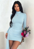 Women Sexy Stand Collar Ruched Mini Dress