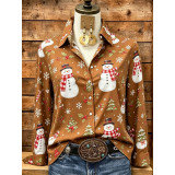 Christmas Snowman Snowflake Print Long Sleeve Shirt