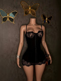 Women Black Lace Spaghetti Strap Bodycon Dress