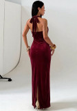 Women Halter Neck Gold Velvet Ruched Mermaid Formal Party Bodycon Dress