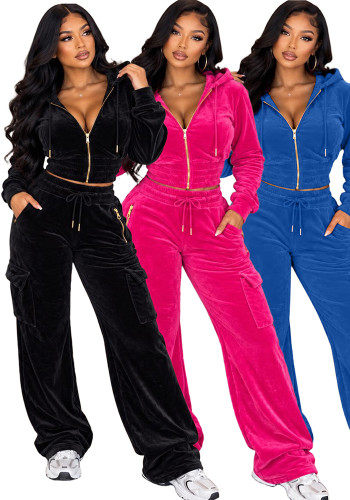Women Casual Velvet Sexy Top & Pant Two Piece Set