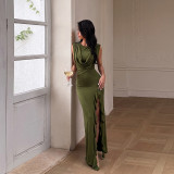 Women Cowl Neck Slit Sleeveless Ruffled Maxi Dress