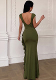 Women Cowl Neck Slit Sleeveless Ruffled Maxi Dress