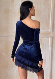 Women Off Shoulder Long Sleeve Velvet Slash Shoulder Mini Dress