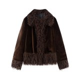 Women Fall Winter Fleece Patchwork Long Sleeve Coat