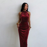 Women Halter Neck Gold Velvet Ruched Mermaid Formal Party Bodycon Dress