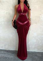 Women Velvet Sexy V-Neck Halter Neck Lace-Up Bodycon Dress Women Velvet Sexy V-Neck Halter Neck Lace-Up Bodycon Dress