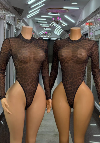 Women Sexy Turtleneck Leopard Print Mesh Long Sleeve Bodysuit