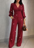 Women Fall Winter V-Neck Lantern Sleeve Ruched Top & Draped Wide Leg Pants Two Piece Set