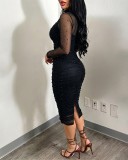 Women Solid Beaded Mesh Patchwork Dress
