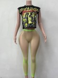 Women Punk Skull Print Short Sleeveless Mesh Top & Pant Two Piece Set