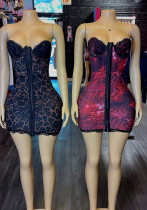 Women Leopard Print Lace Trim Zipper Bodycon Dress Women Leopard Print Lace Trim Zipper Bodycon Dress