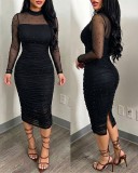 Women Solid Beaded Mesh Patchwork Dress