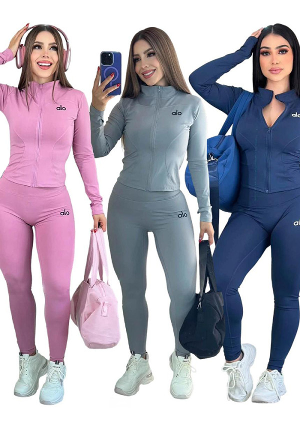 Women Stretch Yoga Outfit Stand Collar Zip Jacket & Pant Two Piece Set