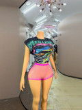 Women Punk Skull Print Short Sleeveless Mesh Top & Pant Two Piece Set