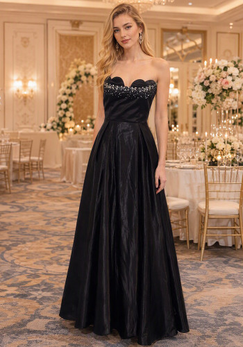 Women Black Elegant Beaded Maxi Evening Dress