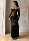Women Off Shoulder Mesh Patchwork Long Sleeve Ruched Slit Formal Party Dress