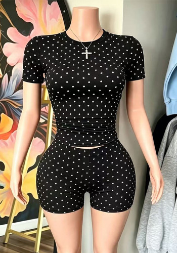 Women Summer Polka Dot Stretch Top & Shorts Two Piece Set