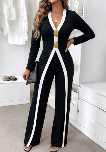 Women Black and White Color Block Trim Jumpsuit with Gold Hardware