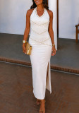 Women Fall Winter Halter Neck V-Neck Rivet Bodycon Backless Lace-Up Slit Maxi Dress